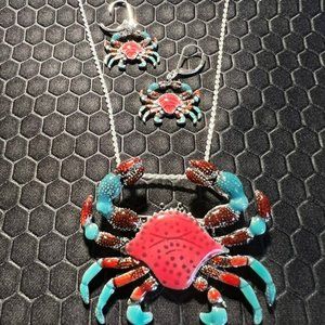 Crab Necklace and Earring Set Red and Aqua Made of Sterling Silver